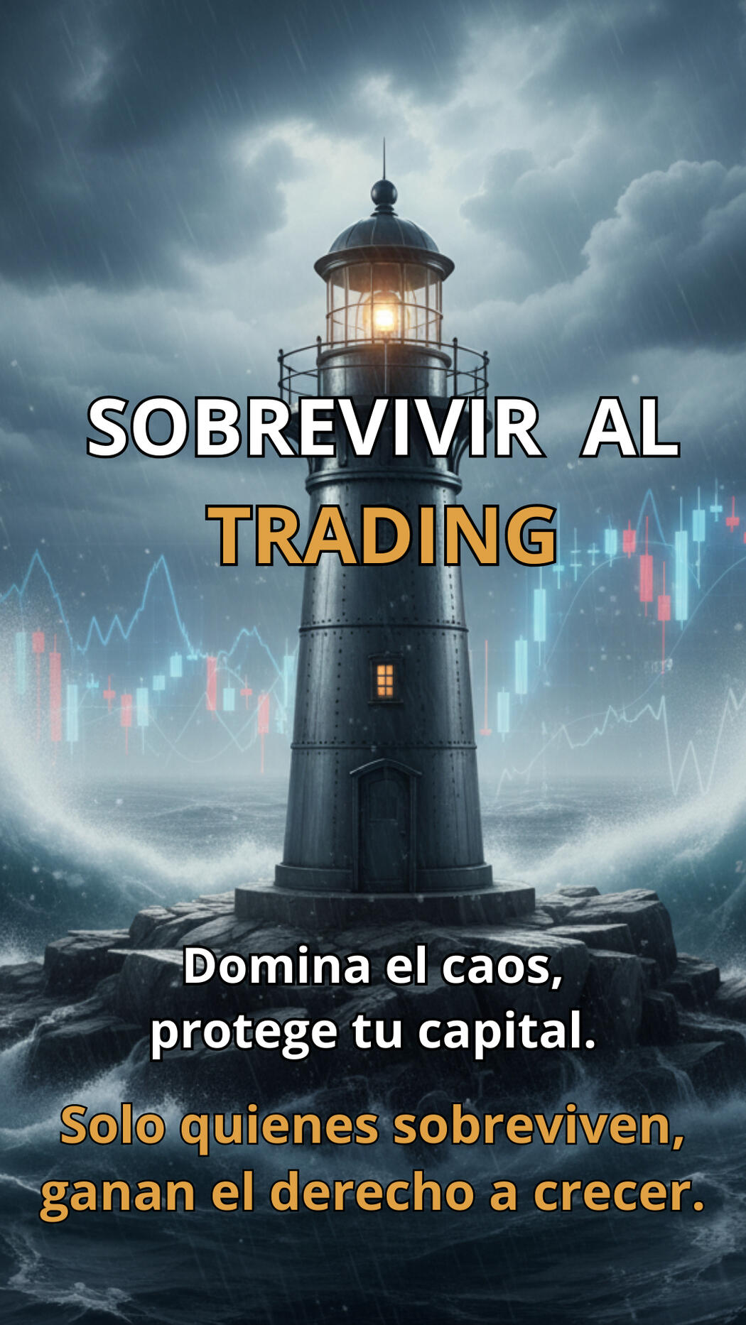 Sobrevivir al Trading – Aprende a proteger tu capital y dominar los mercados Imagen conceptual profesional de un faro firme en medio de un mar tormentoso, simbolizando la habilidad de sobrevivir y mantener el control en los mercados financieros, con gráficos bursátiles y velas japonesas difuminadas al fondo.