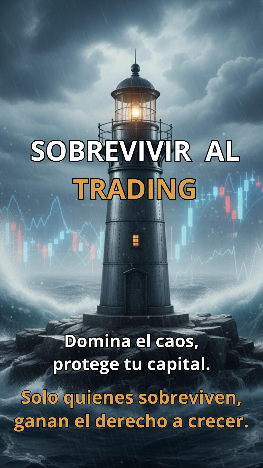 Sobrevivir al Trading – Aprende a proteger tu capital y dominar los mercados Imagen conceptual profesional de un faro firme en medio de un mar tormentoso, simbolizando la habilidad de sobrevivir y mantener el control en los mercados financieros, con gráficos bursátiles y velas japonesas difuminadas al fondo.